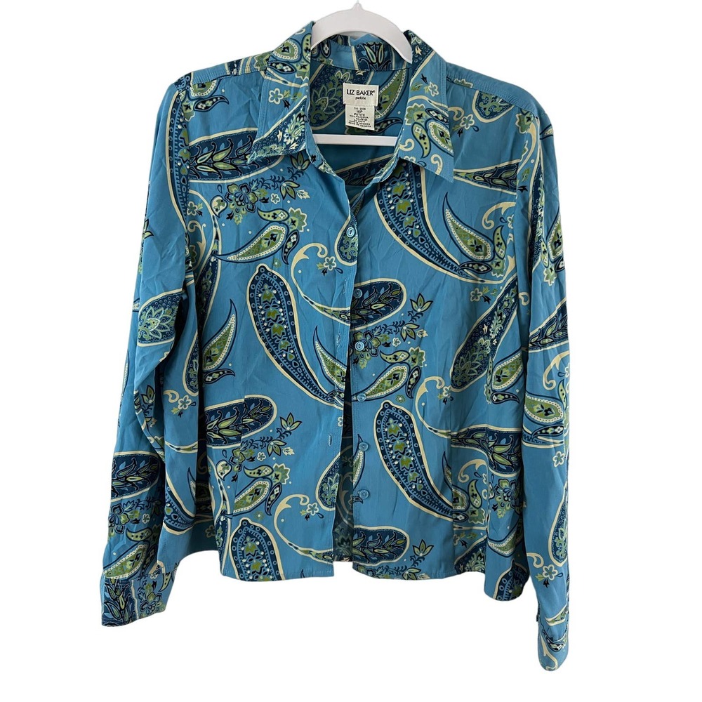 Liz Baker Petite 16P Button Up Blouse Shirt Womens Long Sleeve Blue Collared